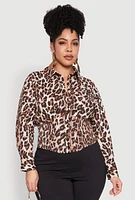 Womens Plus Leopard Print Smocked Waist Blouse, Brown,