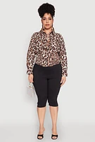 Womens Plus Leopard Print Smocked Waist Blouse, Brown,