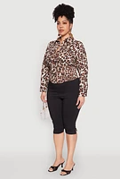 Womens Plus Leopard Print Smocked Waist Blouse, Brown,