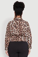 Womens Plus Leopard Print Smocked Waist Blouse, Brown,