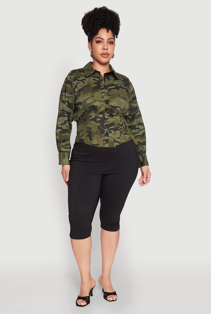 Womens Plus Size Camouflage Smock Waist Blouse, Green, Size 2X