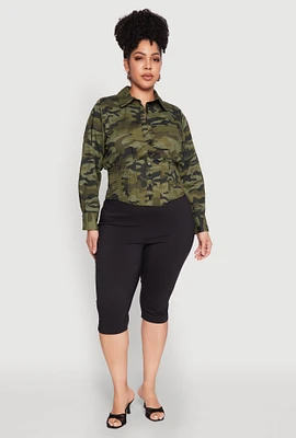 Womens Plus Size Camouflage Smock Waist Blouse, Green, Size 2X