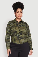 Womens Plus Size Camouflage Smock Waist Blouse, Green, Size 2X