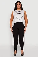 Womens Plus Size Face Print Sleeveless High Low Maxi Top, White, Size 3X