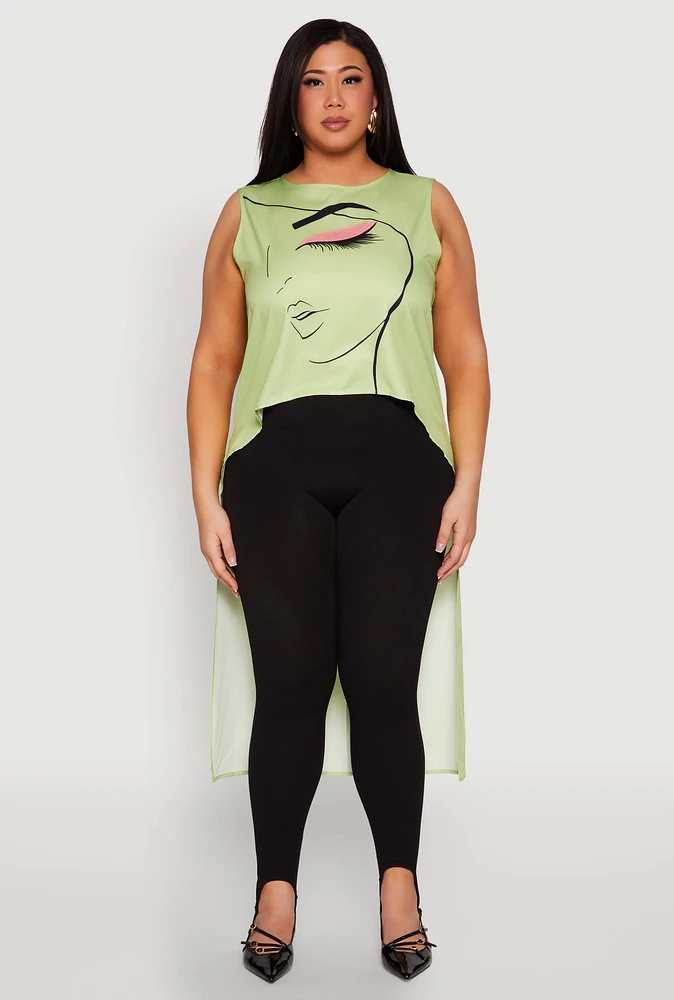 Womens Plus Size Face Print Sleeveless High Low Maxi Top, Green, Size 2X