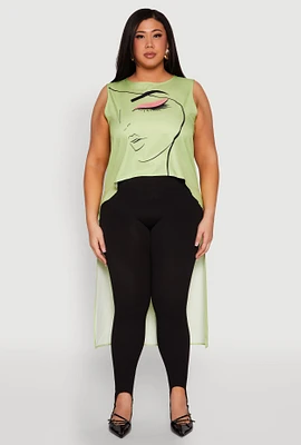 Womens Plus Size Face Print Sleeveless High Low Maxi Top, Green, Size 1X
