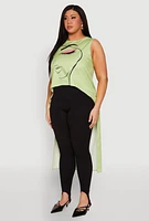 Womens Plus Face Print Sleeveless High Low Maxi Top,