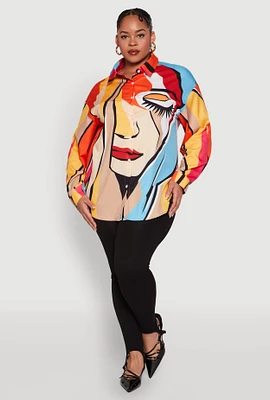 Womens Plus Size Abstract Face Print Blouse, Multi, Size 2X