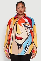 Womens Plus Size Abstract Face Print Blouse, Multi, Size 2X