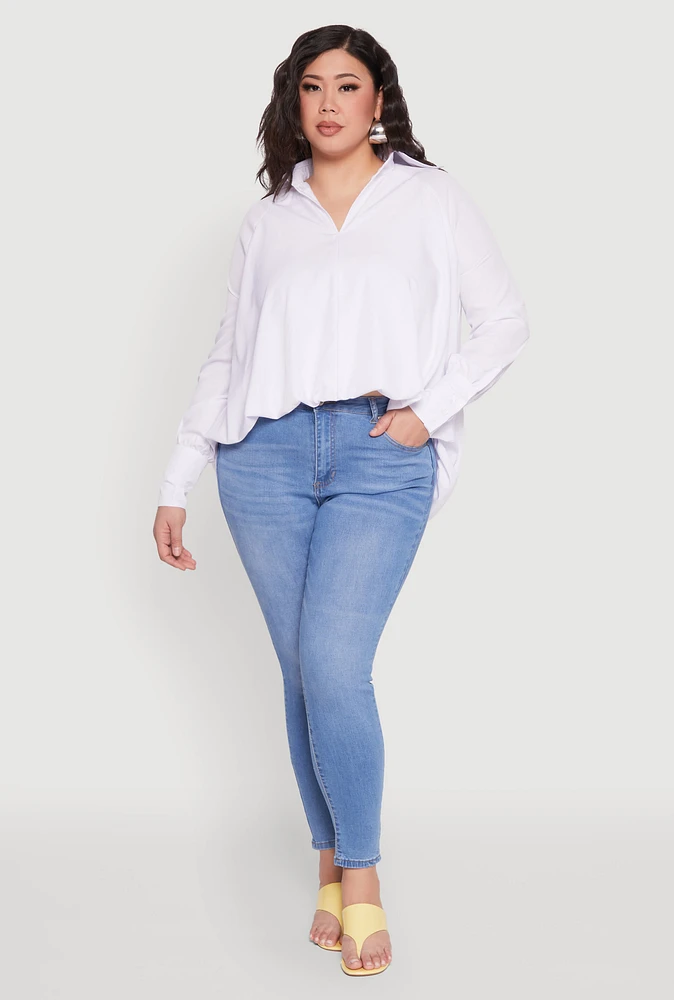Womens Plus Size Johnny Collar Long Sleeve Shirt, White, Size 1X