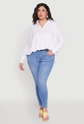 Womens Plus Size Johnny Collar Long Sleeve Shirt, White, Size 1X