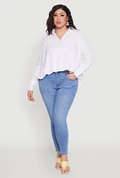 Womens Plus Size Johnny Collar Long Sleeve Shirt, White, Size 1X
