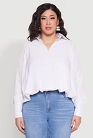 Womens Plus Size Johnny Collar Long Sleeve Shirt, White, Size 1X