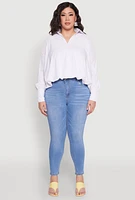 Womens Plus Size Johnny Collar Long Sleeve Shirt, White, Size 1X