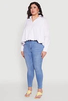 Womens Plus Size Johnny Collar Long Sleeve Shirt, White, Size 1X