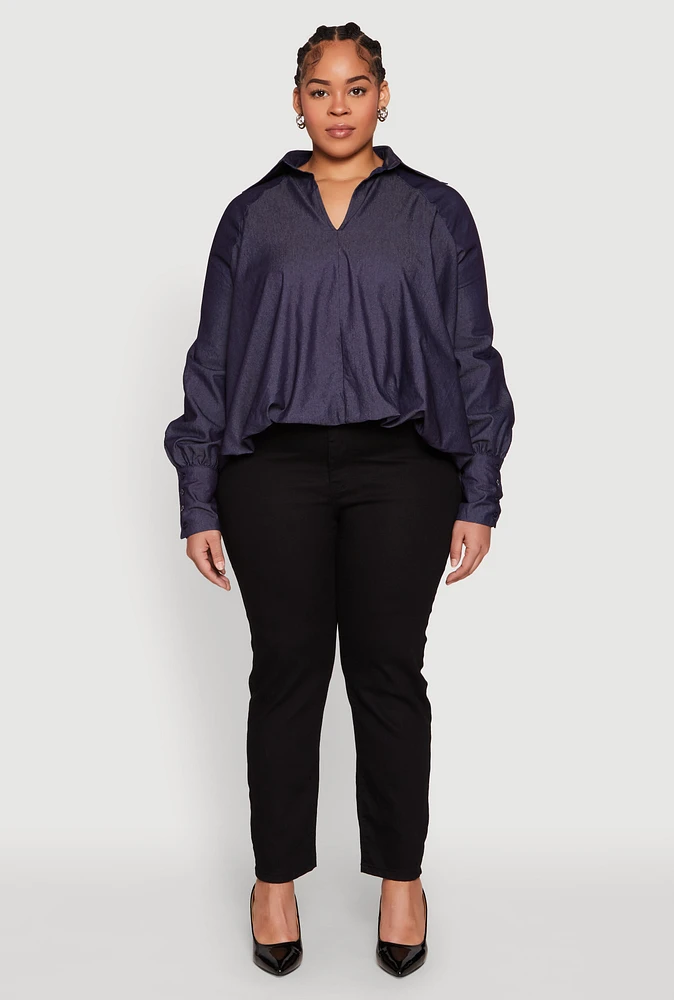 Womens Plus Chambray Bubble Hem Blouse, Blue,