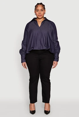 Womens Plus Chambray Bubble Hem Blouse, Blue,