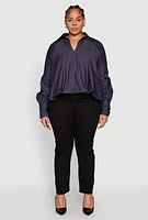 Womens Plus Chambray Bubble Hem Blouse, Blue,