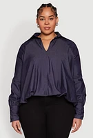 Womens Plus Size Chambray Bubble Hem Blouse, Blue, Size 2X