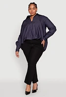 Womens Plus Size Chambray Bubble Hem Blouse, Blue, Size 2X