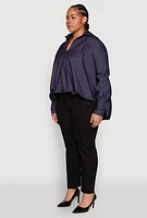 Womens Plus Size Chambray Bubble Hem Blouse, Blue, Size 2X