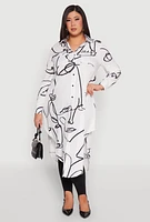 Womens Plus Size Abstract Faces Button Front Maxi Top, White, Size 1X