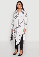Womens Plus Size Abstract Faces Button Front Maxi Top, White, Size 1X