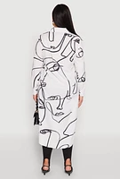 Womens Plus Size Abstract Faces Button Front Maxi Top, White, Size 1X