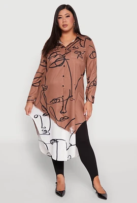 Womens Plus Abstract Faces Button Front Maxi Top,