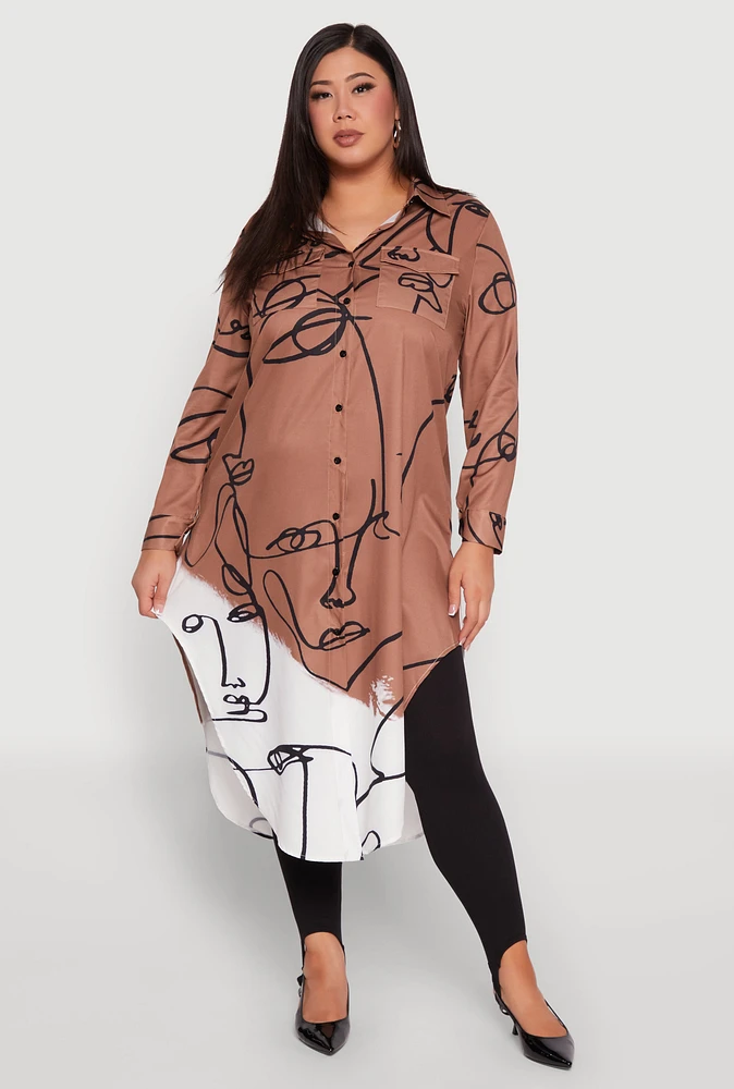 Womens Plus Abstract Faces Button Front Maxi Top, 1X