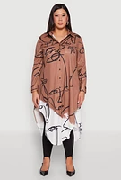 Womens Plus Abstract Faces Button Front Maxi Top,