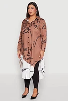 Womens Plus Abstract Faces Button Front Maxi Top,