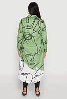 Womens Plus Abstract Faces Button Front Maxi Top, Multi,