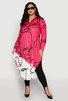 Womens Plus Abstract Faces Button Front Maxi Top, Multi,