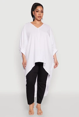 Womens Plus Size High Low Dolman Sleeve Blouse, White, Size 1X