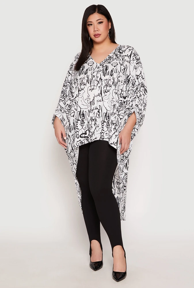 Womens Plus Size Abstract Print High Low Blouse, White, Size 1X