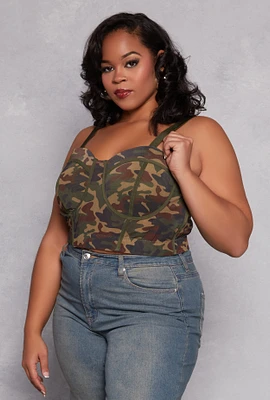 Womens Plus Size Mesh Camo Bustier Top, Green, Size 3X