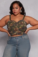 Womens Plus Size Mesh Camo Bustier Top, Green, Size 3X