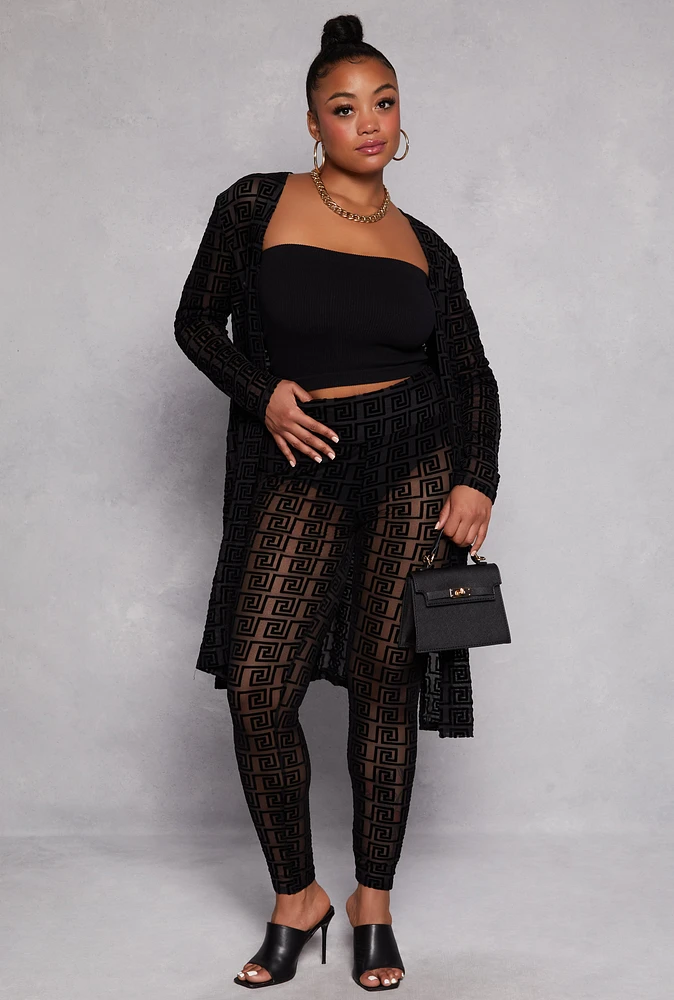 Womens Plus Size Velvet Burnout Greek Key Leggings, Black, Size 2X