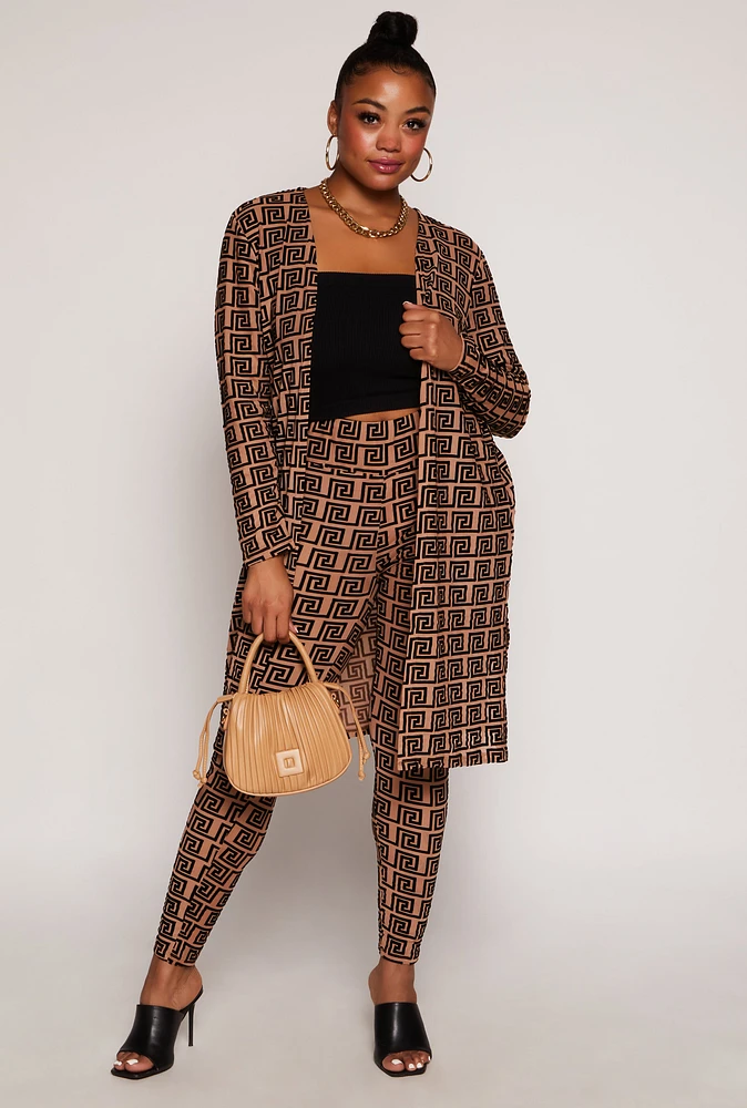 Womens Plus Size Velvet Burnout Greek Key Leggings, Brown, Size 3X