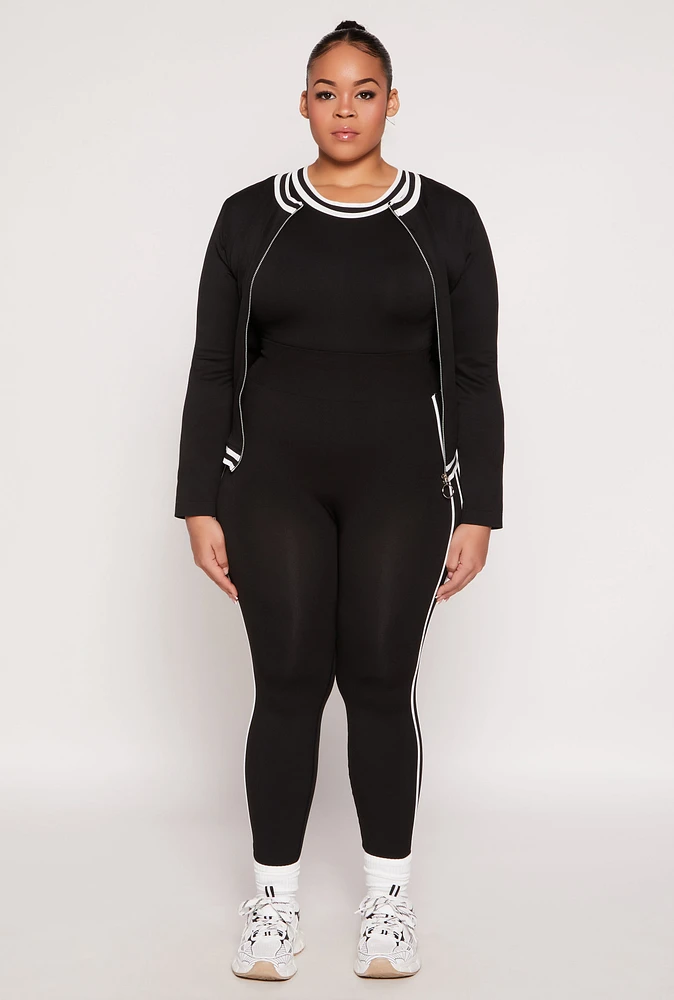 Womens Plus Size Seamless Varsity Stripe Leggings, Black, Size 1X-2X