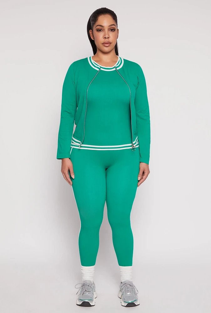 Womens Plus Size Seamless Varsity Stripe Leggings, Green, Size 1X-2X
