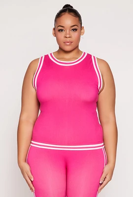 Womens Plus Size Seamless Varsity Stripe Trim Tank Top, Pink, Size 2X-3X