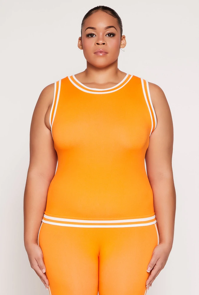 Womens Plus Size Seamless Varsity Stripe Trim Tank Top, Orange, Size 1X-2X