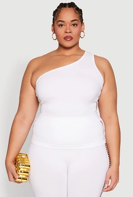 Womens Plus Size Laser Cut Side One Shoulder Top, White, Size 1X-2X