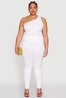 Womens Plus Size Laser Cut Side One Shoulder Top, White, Size 1X-2X
