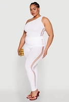 Womens Plus Size Laser Cut Side One Shoulder Top, White, Size 1X-2X