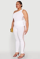 Womens Plus Size Laser Cut Side One Shoulder Top, White, Size 1X-2X