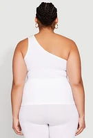 Womens Plus Size Laser Cut Side One Shoulder Top, White, Size 1X-2X