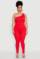 Womens Plus Size Laser Cut Side One Shoulder Top, Red, Size 2X-3X